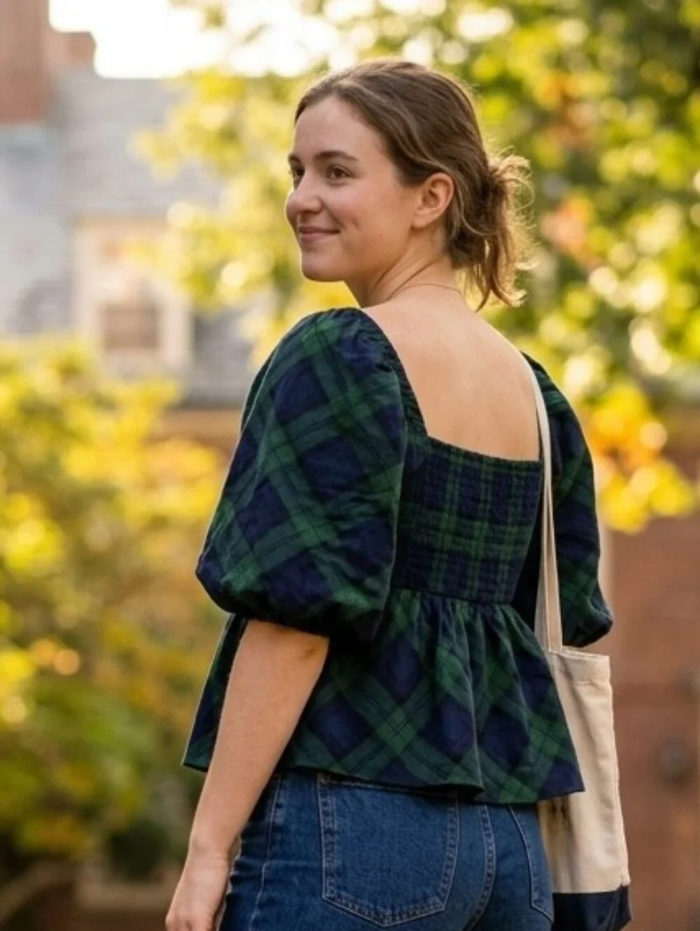 Old Navy Navy & Green Plaid Puff-Sleeve Square-Neck Blouse • Size S